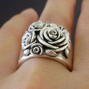 Vintage 925 Silver Plated 3D Carved Rose, Flower, Floral Wide Band Boho Ring